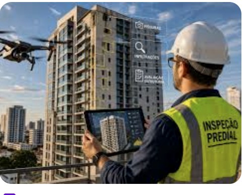 Operador acompanhando drone em inspeção predial